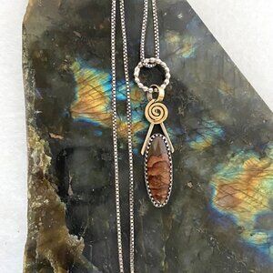 Sterling Silver 925 14K Yellow Gold Oval Landscape Jasper Pendant Necklace 18"